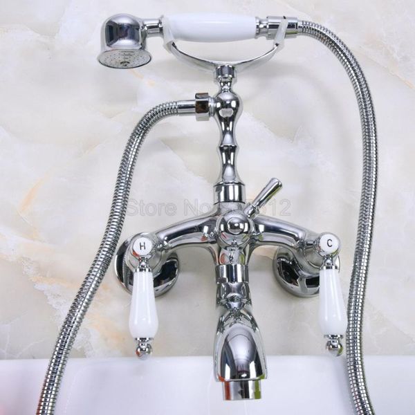 

polished chrome clawfoot bathtub faucet set with handheld shower dual handles mixer taps wall mounted tna220 bathroom sets