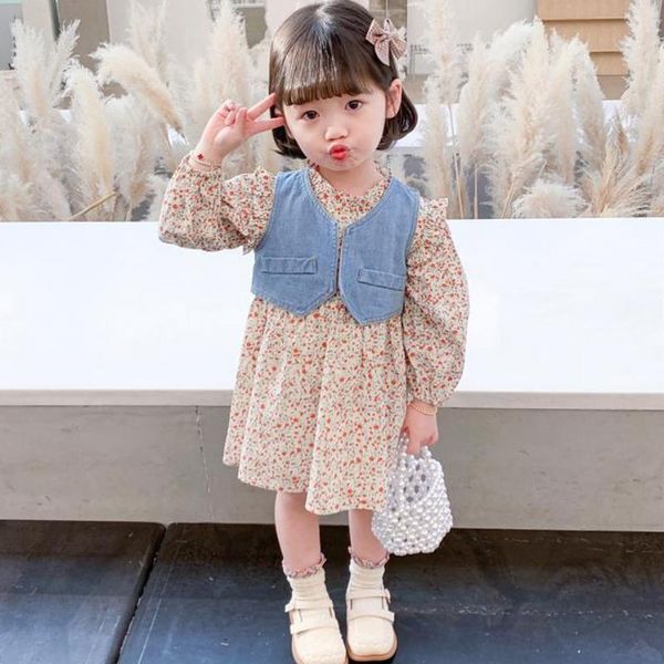 

girl's dresses autumn baby girl dress toddler girls casual dress+denim waistcoat long sleeve 2pcs clothes set flower printed kid prince, Red;yellow