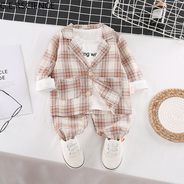 

2022 spring autumn children gentleman clothes baby boys girls cotton suit t shirt pants 3pcs/sets plaid casual sportswear, White