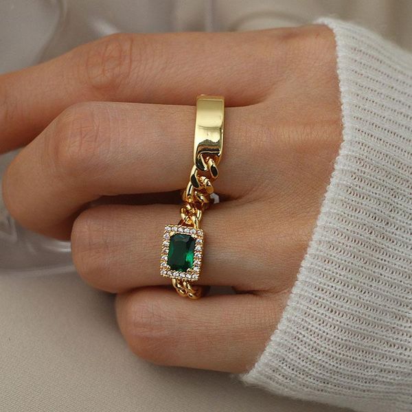 

trendy luxury cuban chain finger ring delicate blingbling emerald green white zircon stone paved gold rings for women cluster, Golden;silver