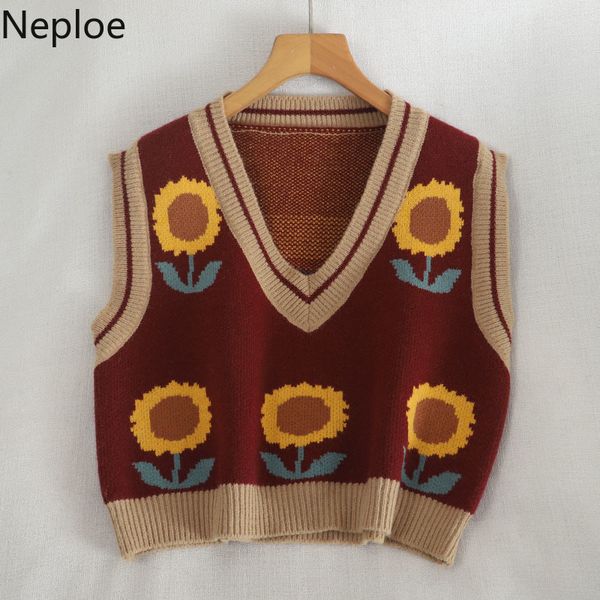 Neploe Kadın Giyim Kazak Yelek V Yaka Kolsuz Tığ Çiçek Örme Kazaklar Yelek Gevşek Kısa Tank Tops Femme 210422