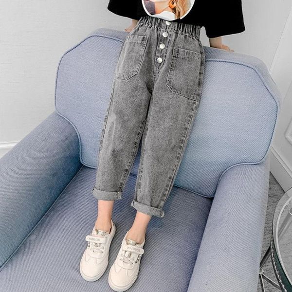 

autumn baby girl solid jeans elastic waist loose high denim children for fashionable button cute trouser z25, Blue