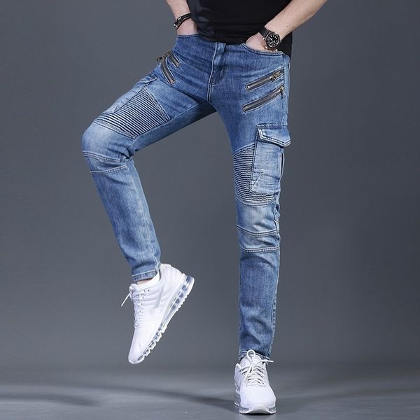 

men's jeans high street men fine fit denim pencil pants with zipper pocket plied motorcycle biker jeans casual fashion long cowboy 36 h, Blue