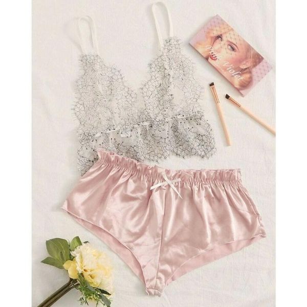 

bras sets 2pcs women see-through lace silk crop deep v neck sling bra high waist satin briefs sleepwear lingerie set exotic, Red;black