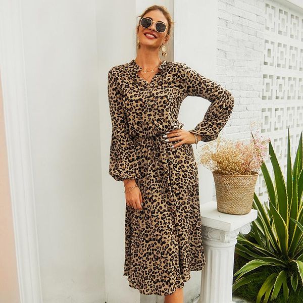 

leopard autumn spring ladies dress lantern sleeve loose causal women a line with sashes v-neck female outwear long casual dresses, Black;gray