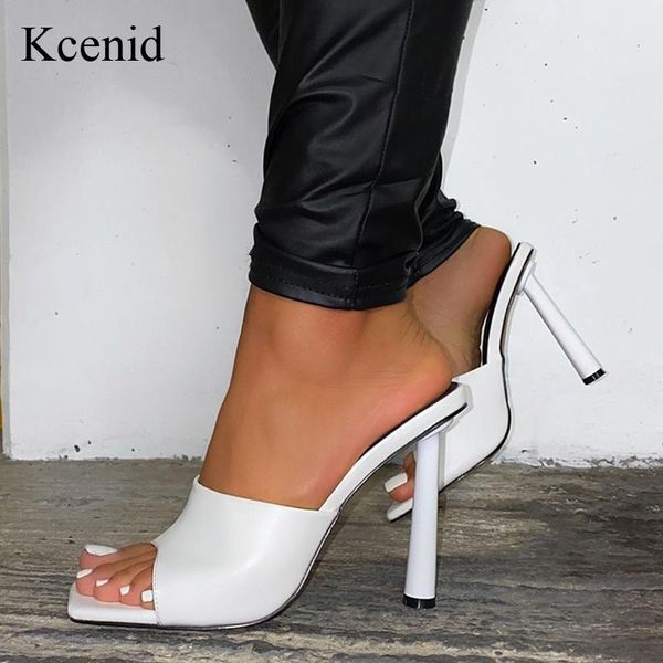 

kcenid street design square toe 12cm high heel mules slippers 2021 summer white slides party dress shoes women big size 42, Black