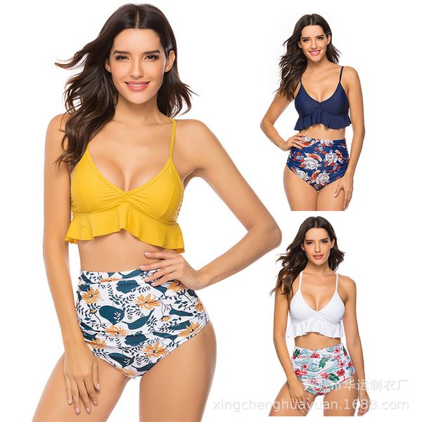 

women's swimwear high waist print women's split swimsuit ruffle bikini, White;black
