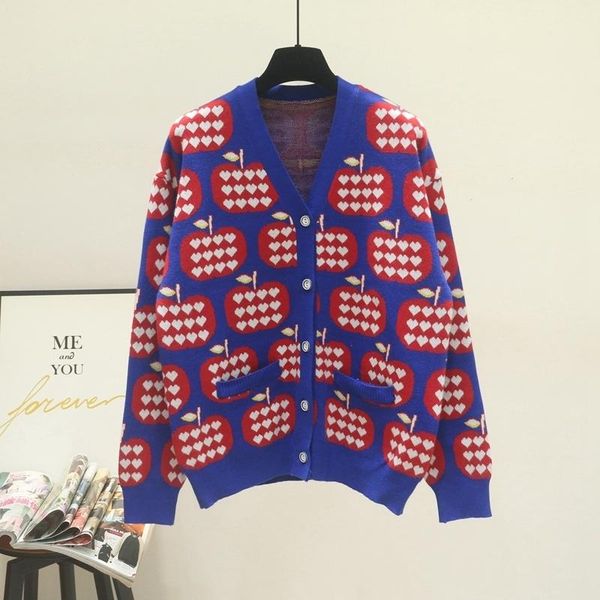 

women's knits & tees autumn and winter loose knit sweater women v-neck cardigan knitwear geometric heart jacquard casual jumper, White