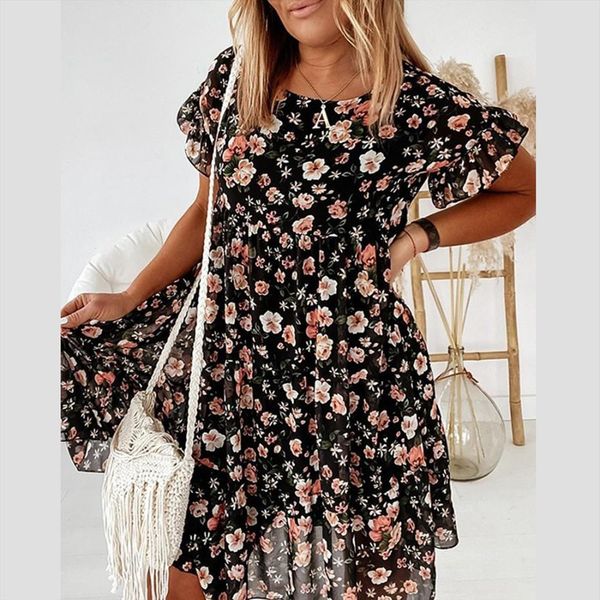 

floral chiffon casual loose womens dresses flowers print all match short sleeve bohemian beach summer sundress vestidos, Black;gray