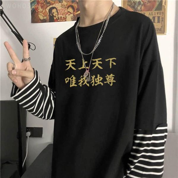

men's t-shirts japan anime tokyo revengers letter print fake two pieces t shirts summer fashion streets 90s long sleeve striped, White;black