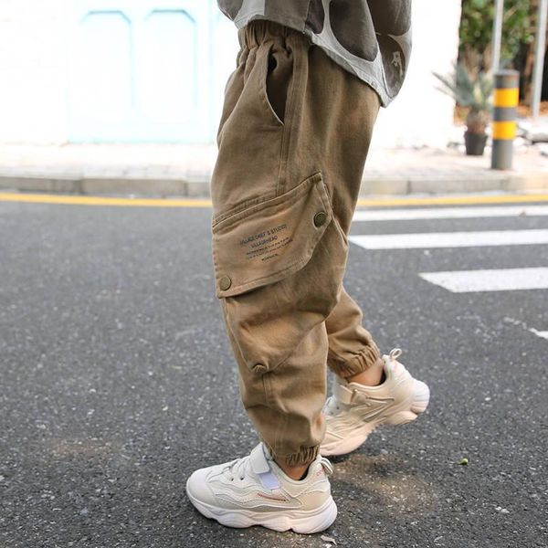 

trousers 2021 kids boys spring casual loose camouflage pocket cargo pants children clothing solid cotton beam foot sport y28, Blue