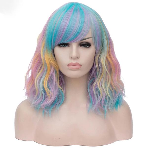 

synthetic wigs mcoser women kinky curly hair short bob wig for cosplay halloween colorful rainbow heat resistant fiber lolita, Black