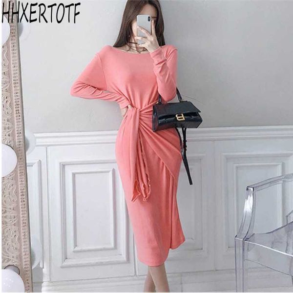 

spring korean temperament casual women's o neck knitted dresses lace-up casual dress vestidos 210531, Black;gray