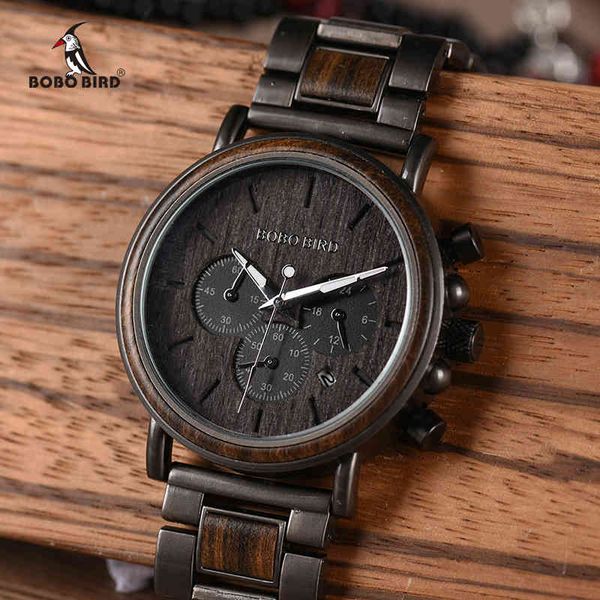 

watches bobo bird wood men watch relogio masculino brand luxury stylish chronograph military timepieces in wooden gift box, Slivery;brown