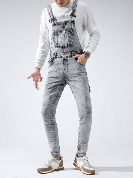 

men pocket front washed denim overalls l6jt#, Blue