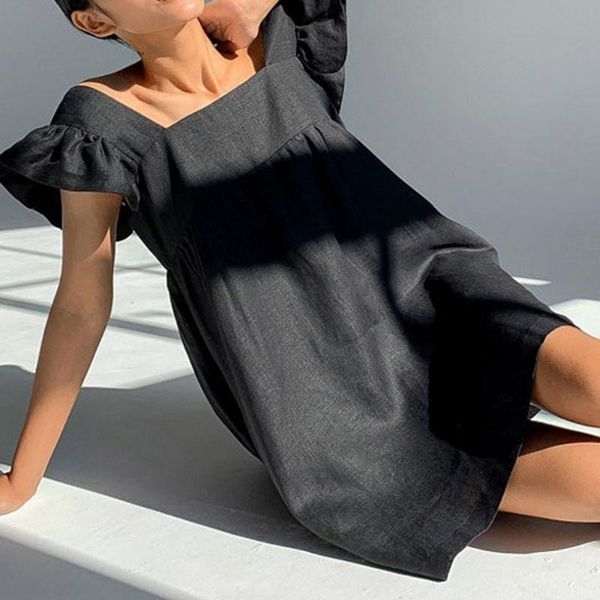 

elegant butterfly sleeve ruffle mini dress casual square collar print party women summer loose pocket beach vestidos dresses, Black;gray
