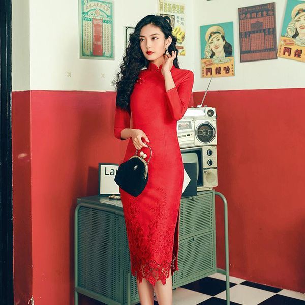 

ethnic clothing red suede chinese traditional dress tight embroidery flower cheongsam vintage qipao oversize evenning party vestidos go