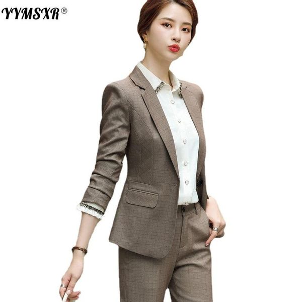 

women's two piece pants plus size professional wear spring and autumn high-quality slim plaid ladies suit casual trousers 2 two-piece s, White