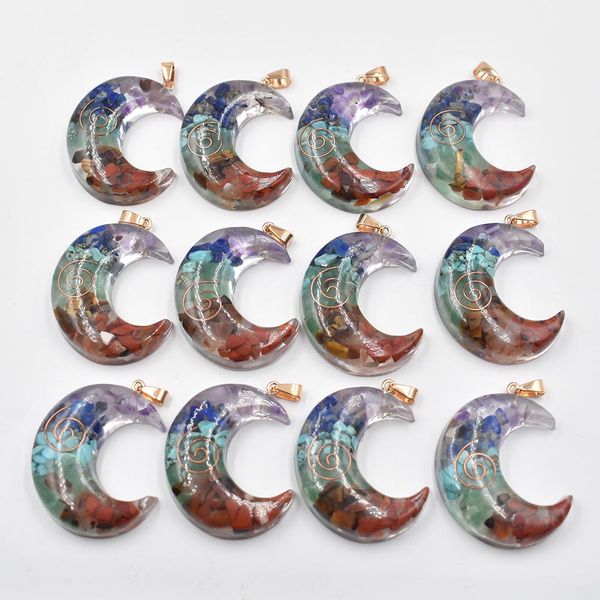 

healing crescent moon seven chakra charms retro colorful natural amethysts lapis lazuli 7 colors stone pendants wholesale, Bronze;silver
