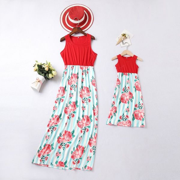 

family matching outfits mother daughter dresses child clothing girls clothes summer cotton flower long kids beach dress fashion, Blue