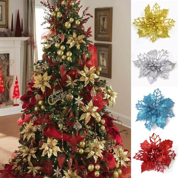 

christmas decorations 5/10pcs artifical flowers hollow out glitter xmas tree ornaments fake flower navidad year home party
