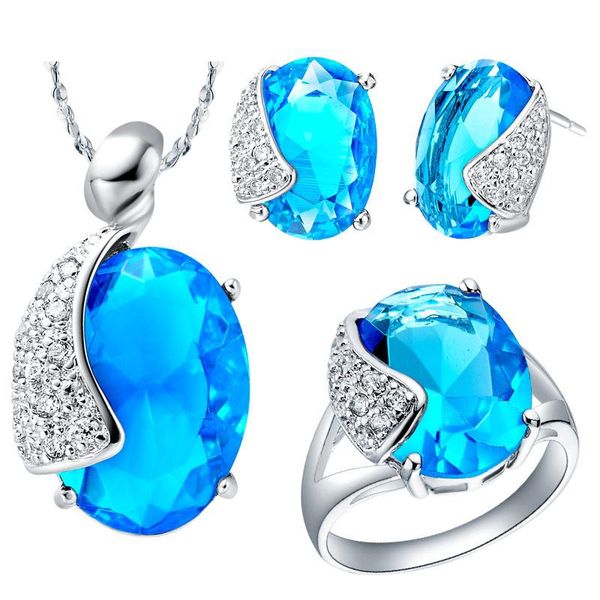 

earrings & necklace fashion and fascinating white gold necklace/ring/earrings blue oval zircon women wedding party jewelry sets t061-7#, Silver