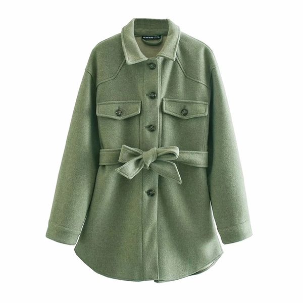 

za women fashion with belt loose woolen jacket coat vintage long sleeve side pockets female outerwear chic overcoat 210531, Black