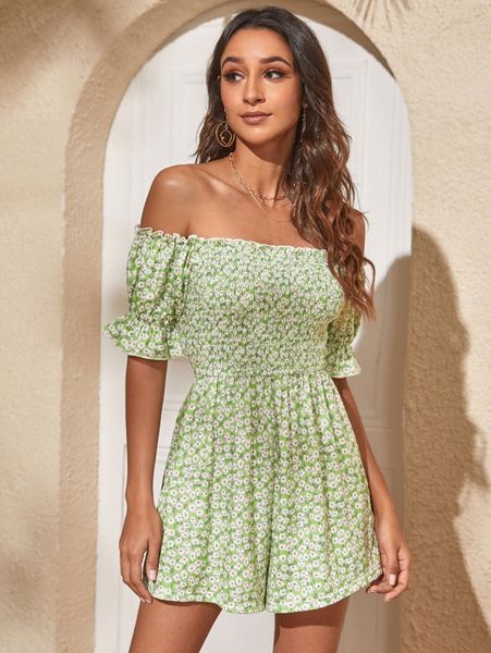 

off shoulder ditsy floral print frill shirred jumpsuit r3vp#, White