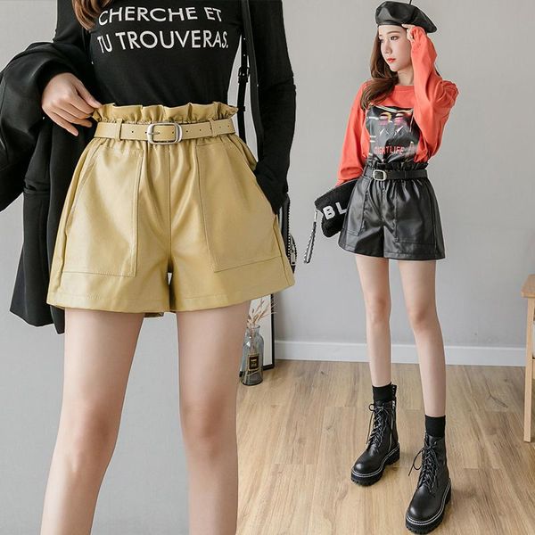 

women's shorts 2021 autumn spring fashion female elastic sashes high waist pu leather women vintage casual loose wide leg, White;black