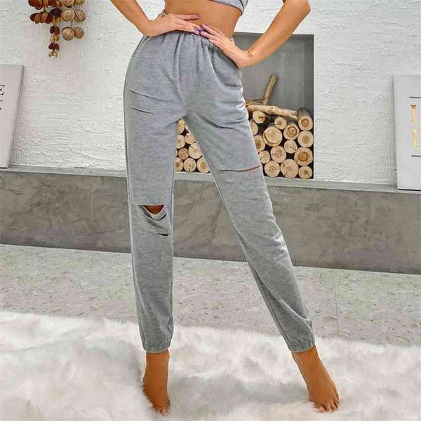 

high street fashion high-waisted casual hole trousers women pants streetwear full length sweatpants bottom 210508, Black;white