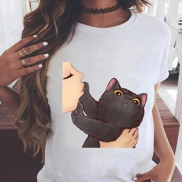 

graphic cat printing style womens t shirts kawaii clothes 90s animal cartoon summer print female tees shirt, White