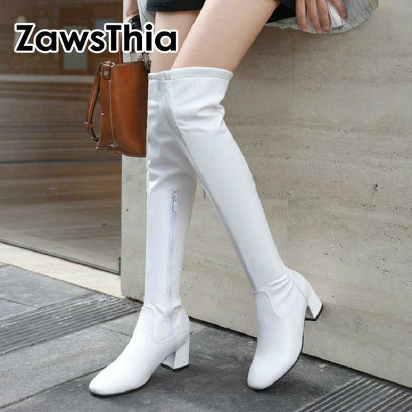 

soft stretch pu leather white black women boots comfy square high heel over-the-knee thigh high boots ladies overknee booties 210611