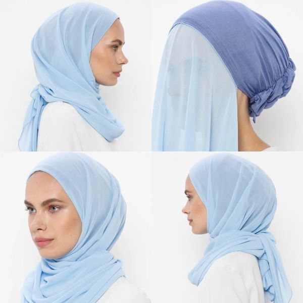 

ethnic clothing muslim women bonnet + chiffon shawl head scarf underscarf cap islam inner headband stretch hijab cover headwrap turbante, Red