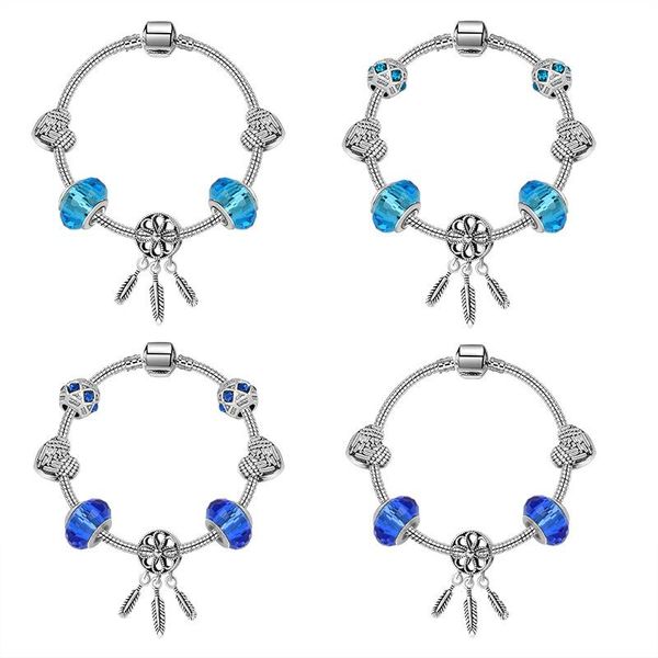 

silver original pandoras blue dreamcatcher pendant bracelet jewelry charm beads diy cat eye glass crystal bracelets gift, Golden;silver