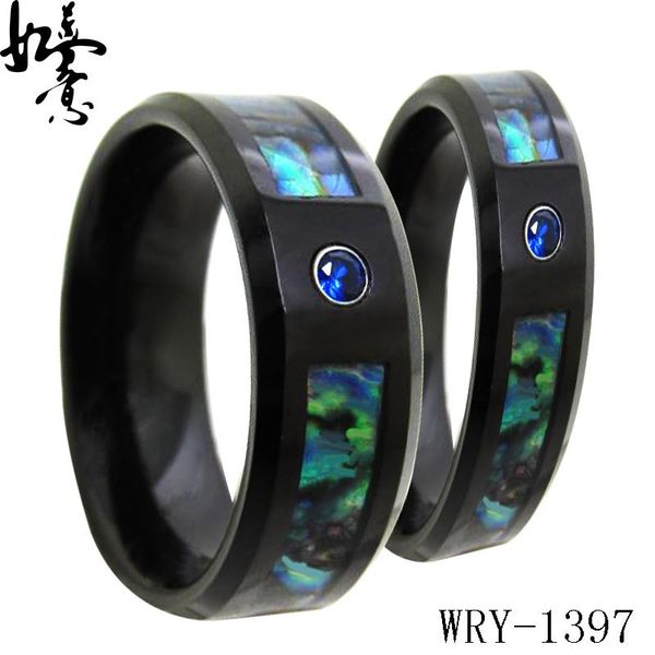 

wedding rings black tungsten ring 8mm with ocean abalone shell and blue cz inlay, Slivery;golden