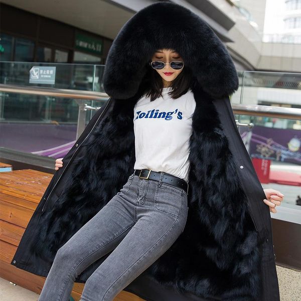 

women's fur & faux 2021 grass mid long pai overcome inner liner detachable big collar coat manufacturer wholesale, Black