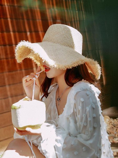 

straw fringe dome big brim raffia hat women summer vacation seaside sun beach bucket wide hats, Blue;gray