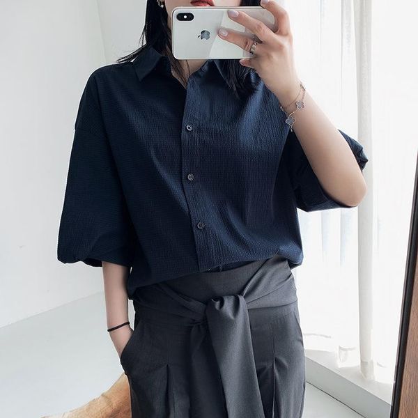 

women solid color blouse office lady puff sleeve turn-down collar buttons shirt 2021 summer female clothes women's blouses & shirts, White