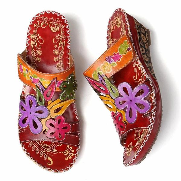 

slippers yourseason women retro party genuine leather slides hand painted 2021 summer sewing handmade ladies wedges shoes, Black