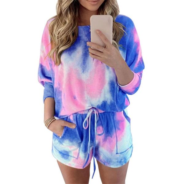 

women's tracksuits summer clothing 2021 women set home tie dye long sleeve shirt and shorts white outfits casual suit loose two piece s, Gray