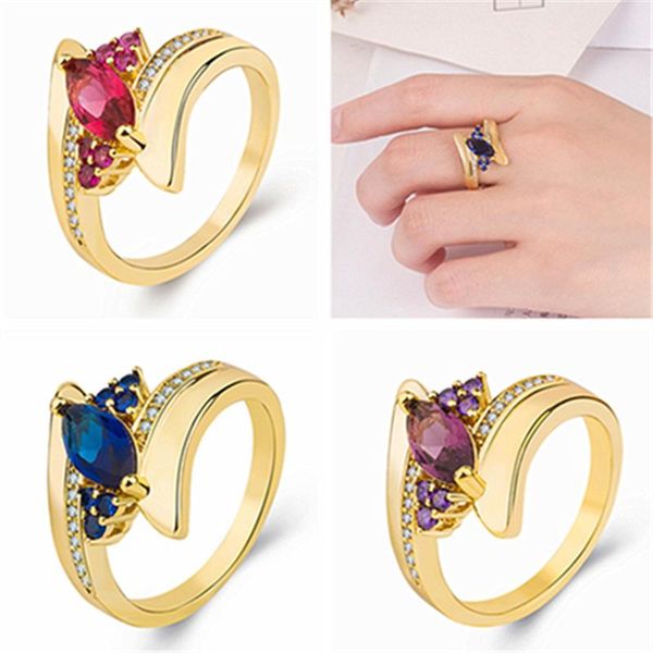 

wedding rings fashion gold plated women zircon ring red/blue/purple crystal bridal engagement cocktail party women's jewelry, Slivery;golden