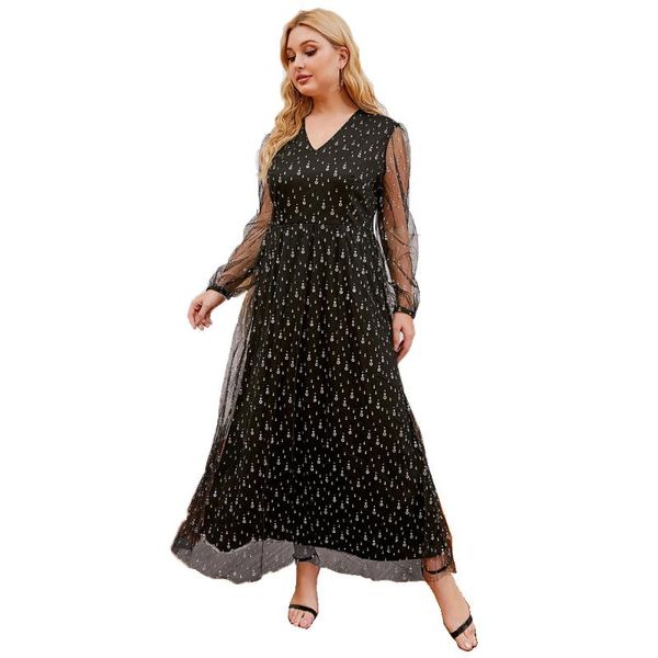 

casual dresses 2021 spring summer party dress women mesh see through long sleeve v neck lace high waist plus size maxi, Black;gray