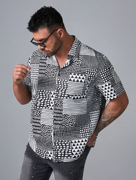 

extended sizes men patchwork print shirt f0tp#, White;black