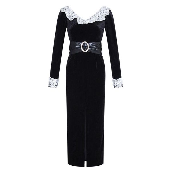 

casual dresses white lace trims black velvet party dress ruffles v neck long sleeved pu leather belt high slit ankle length maxi, Black;gray