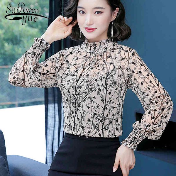 

long sleeve loose stand collar casual joker temperament women and blouses summer fashion printing shirts 6609 50 210508, White