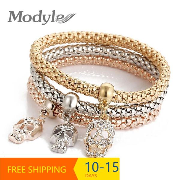 

bangle mic 2021 3 pcs/set fashion gold-color crystal skull bracelet & charm luxury love anchors heart women, Black