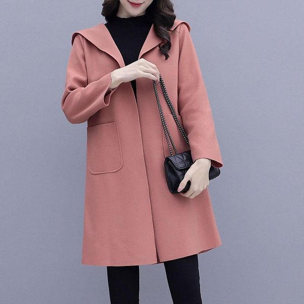 

women's trench coats zottsoz windbreaker womens solid color woolen long coat casual harajuku elegants lapel waist women's hooded ou, Tan;black