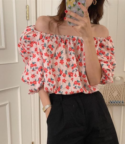 

women's blouses & shirts 2021 summer sweet loose floral slimming off-shoulder puff sleeve shirt fashion casual women 's pullover, White