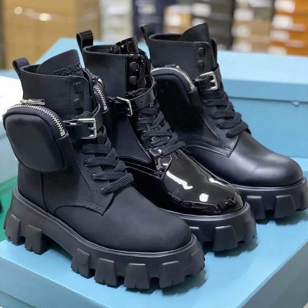 

2022 women monolith re-nylon boot rois combat leather ankle martin boots with pouch rubber sole platform shoes with box, Black