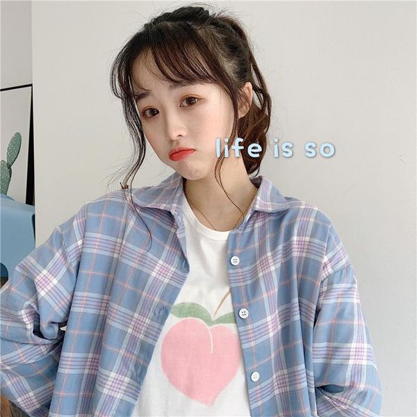 

women's blouses & shirts olomlb japanese preppy style shirt loose long-sleeve blouse female summer all-match sweet plaid clothing for g, White